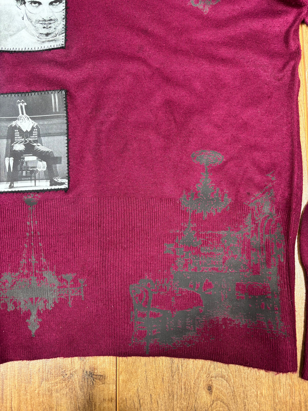 Upcycled royal purple v neck sweater with Hannibal print and patches