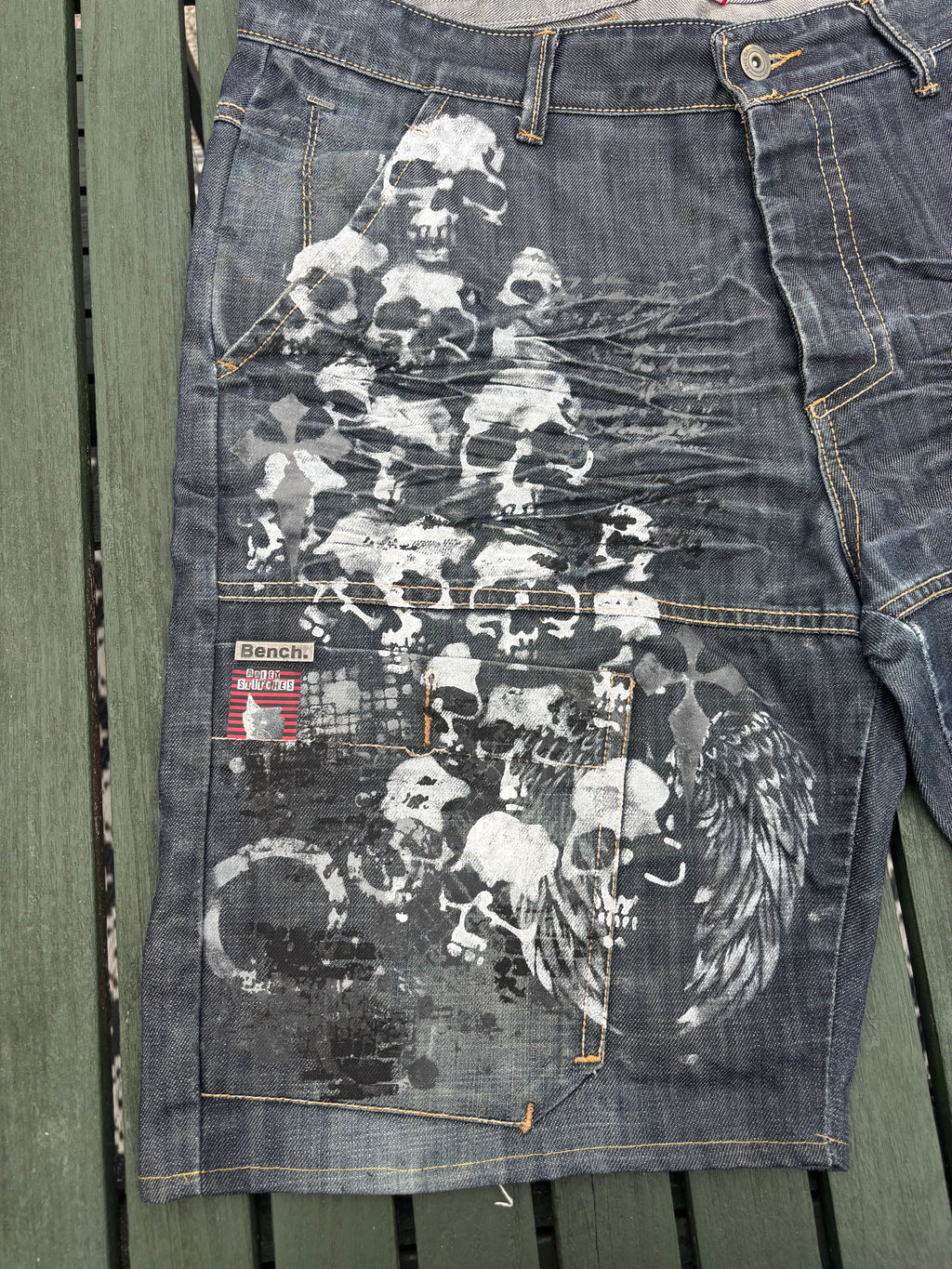 Blue jorts with skull print
