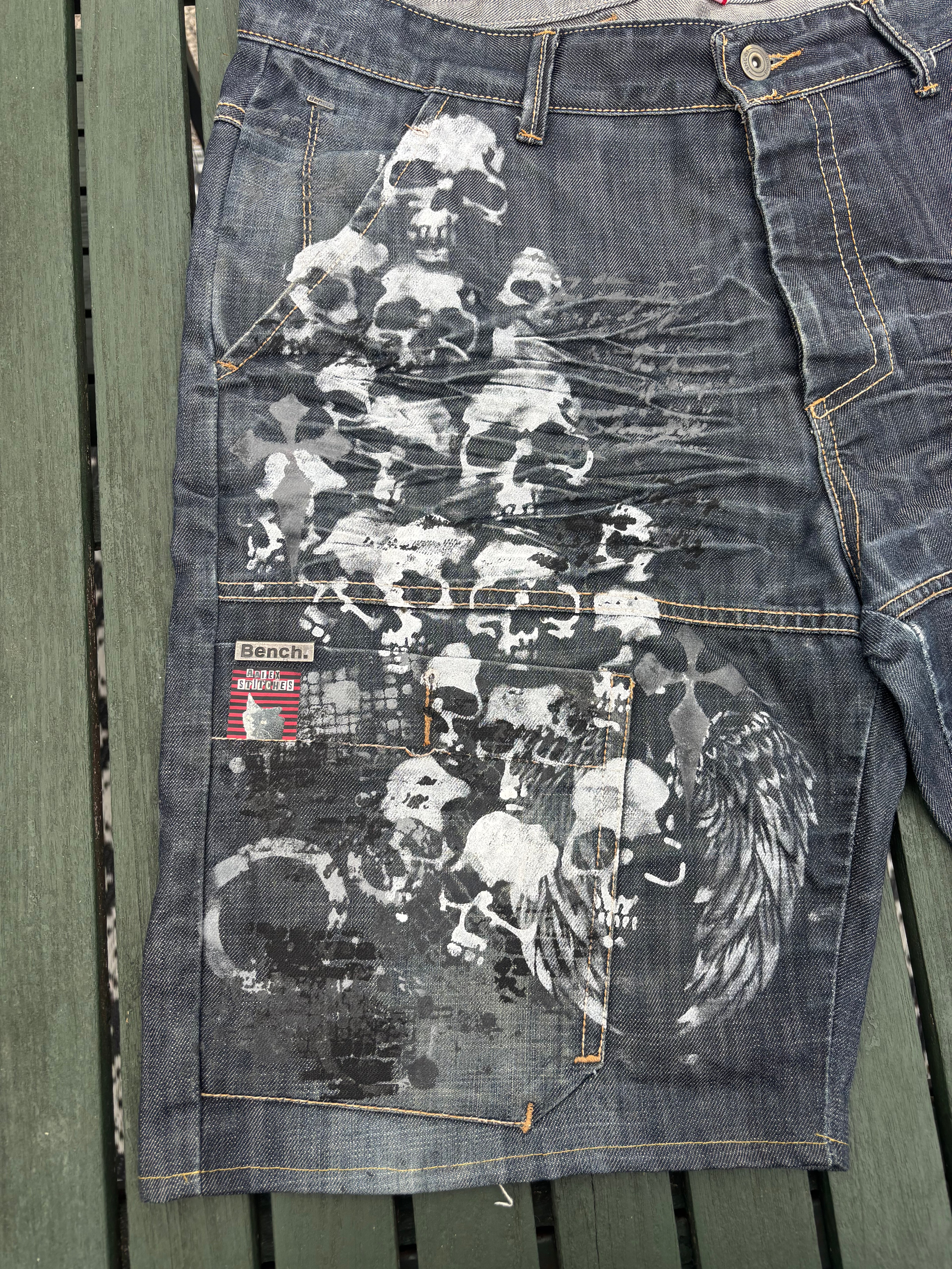Blue jorts with skull print