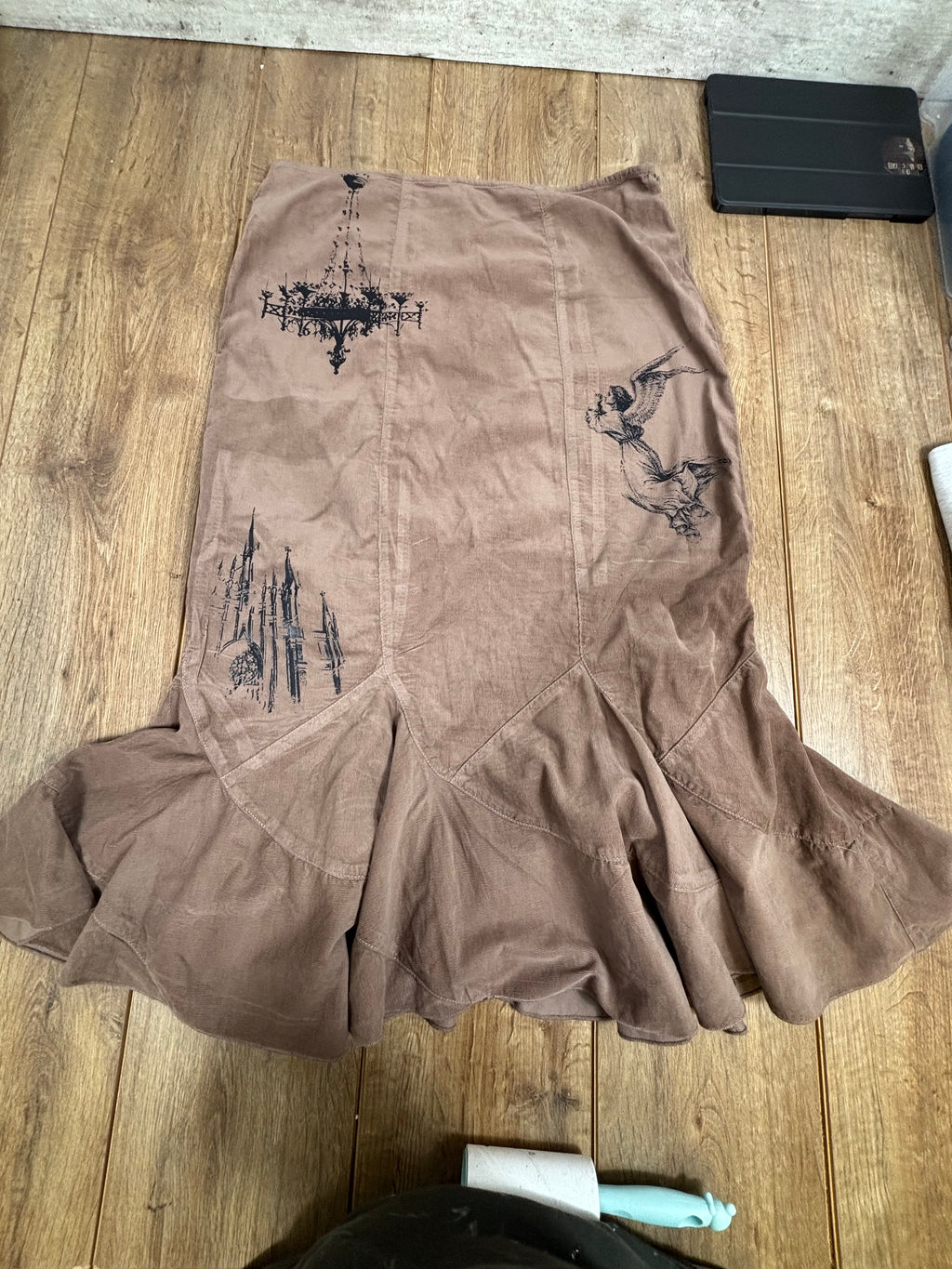 Upcycled vintage style brown ruffle skirt with manner detail