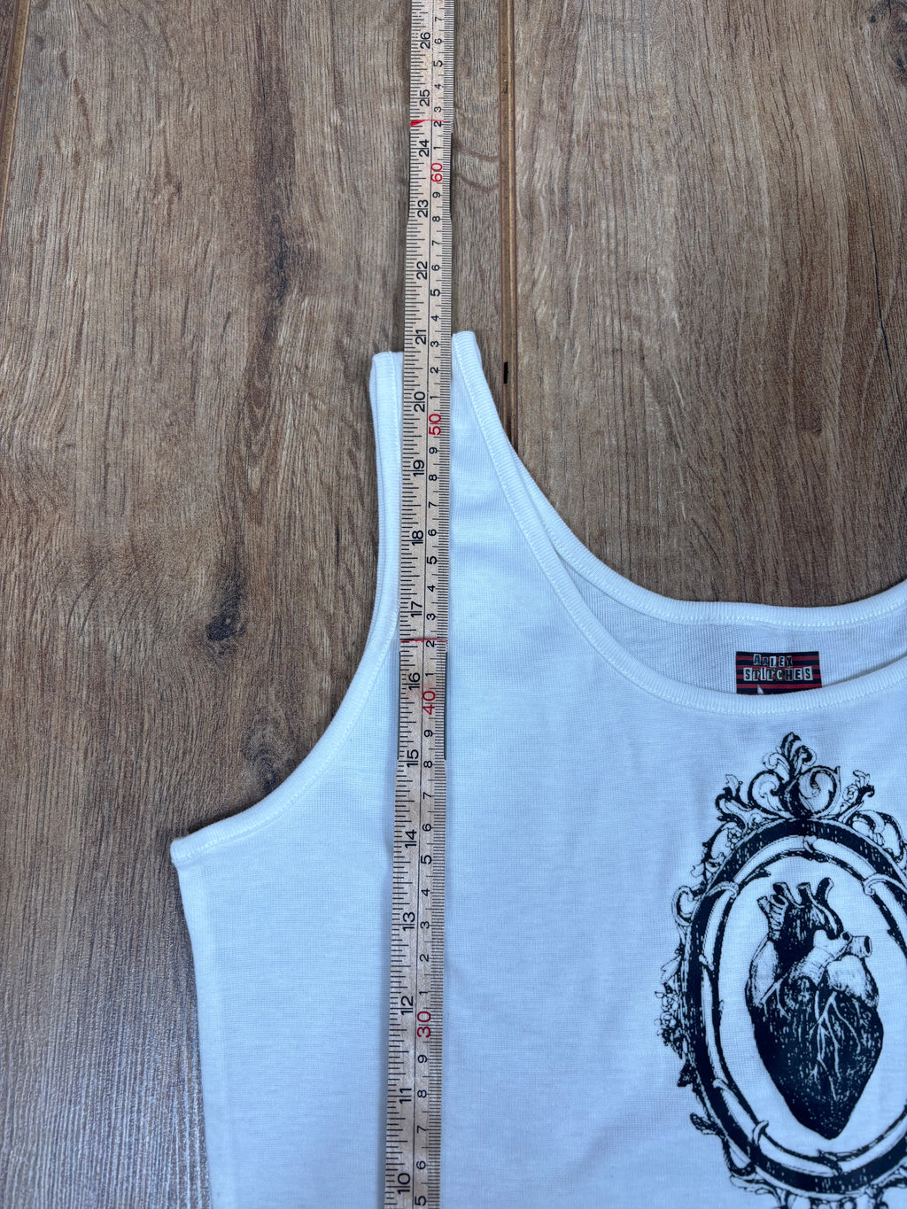 Upcycled white vest top with heart detail and vintage house print