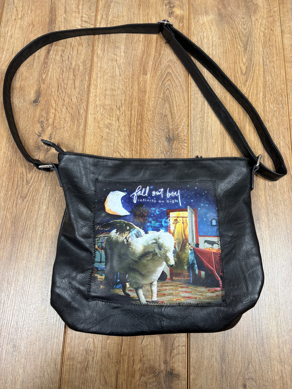 Upcycled fall out boy patch shoulder bag
