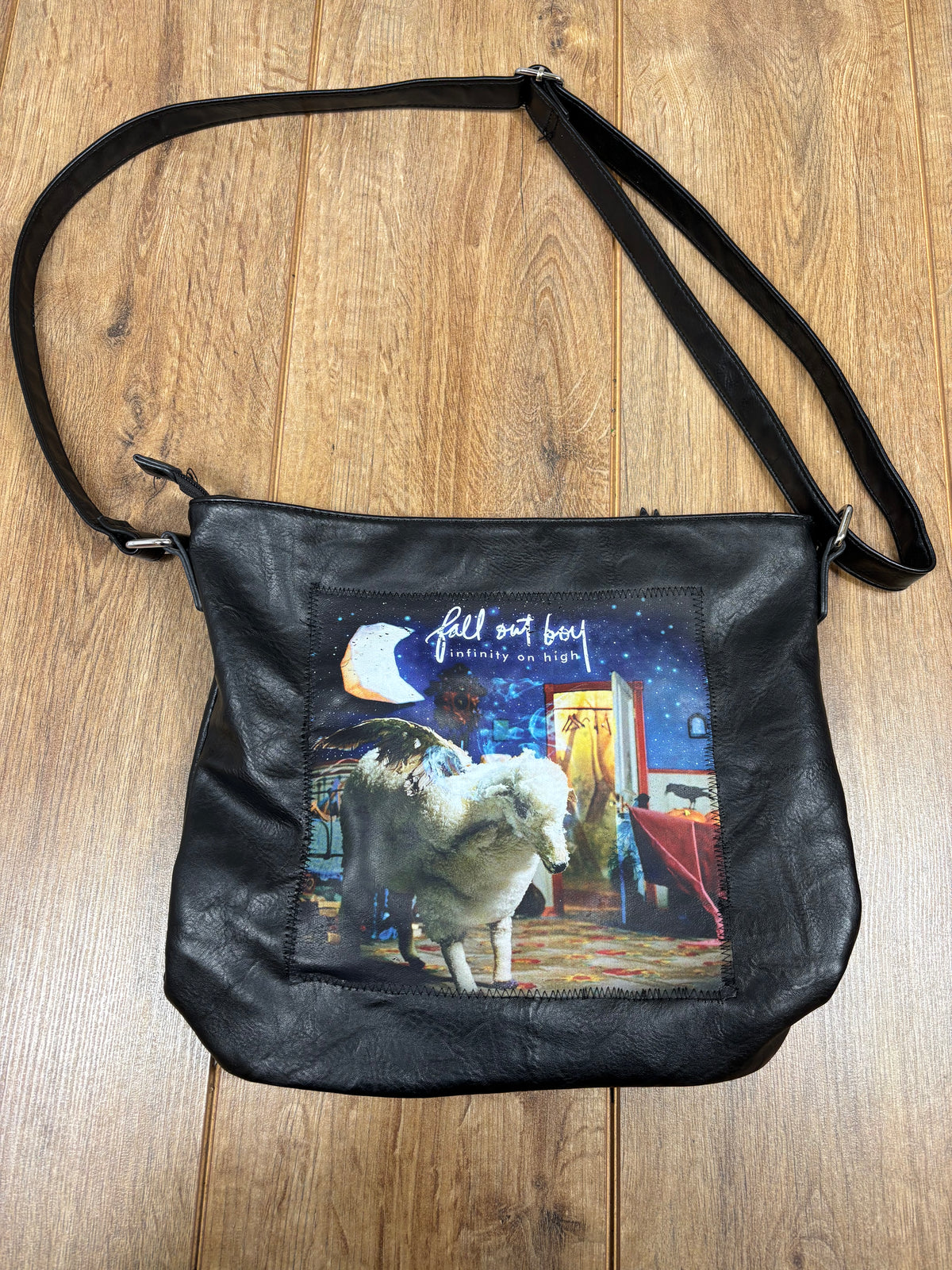 Upcycled fall out boy patch shoulder bag
