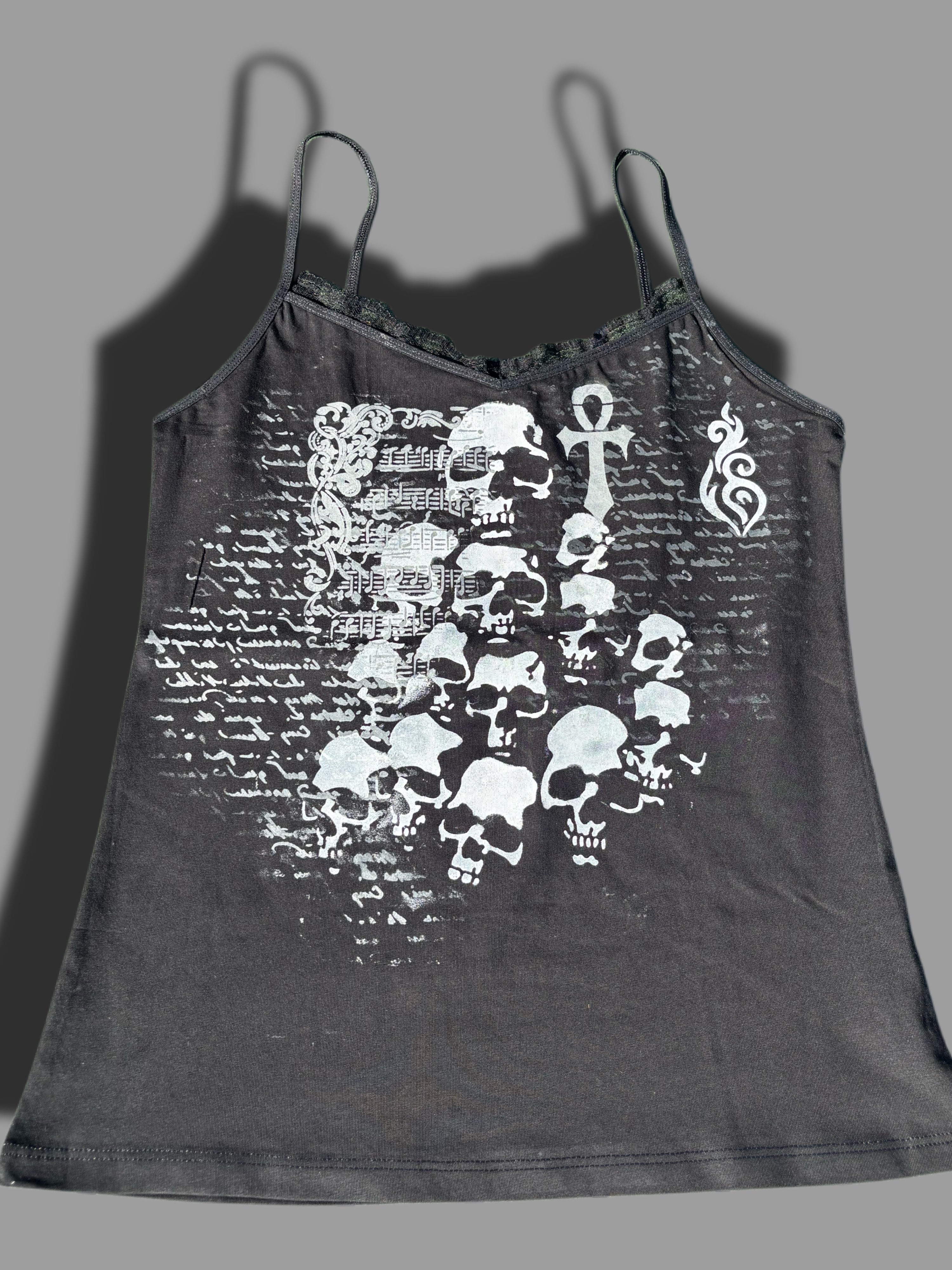 Laced black lady’s tank top with skull print