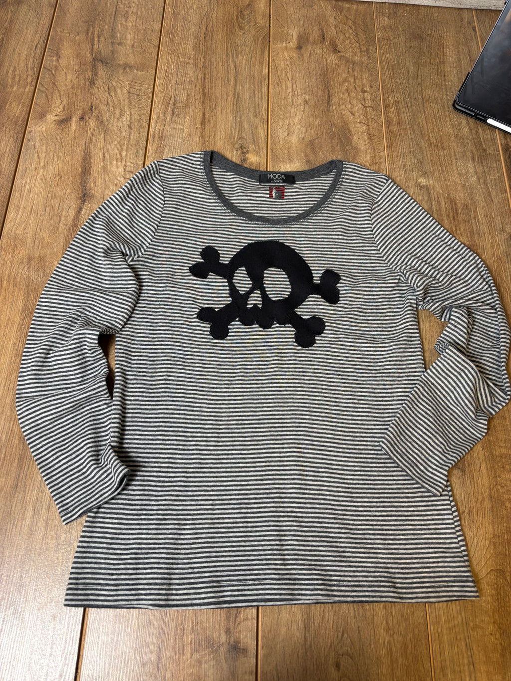 Upcycled alternative gray striped long sleeve with skull patch