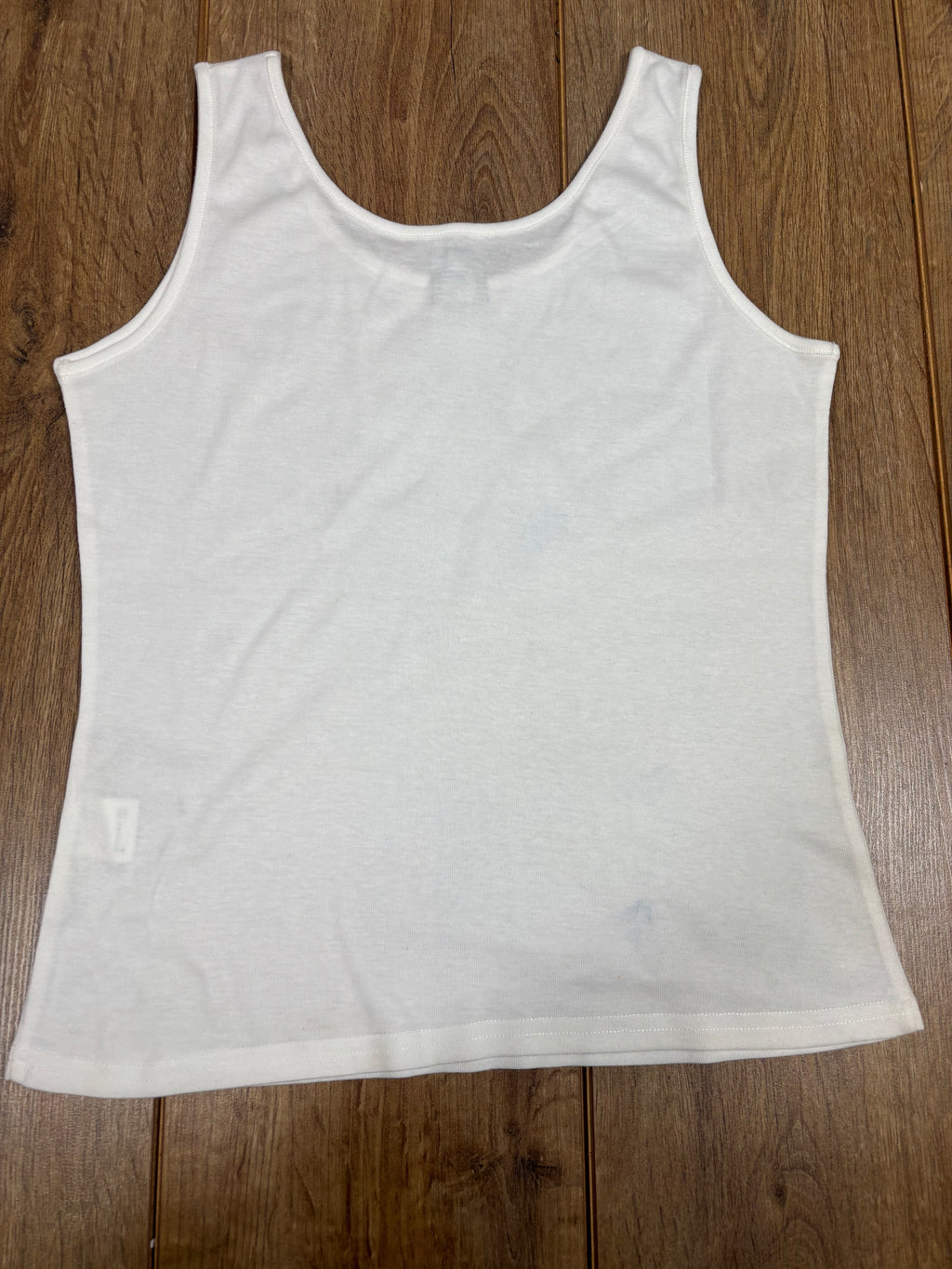 Upcycled white vest top with heart detail and vintage house print