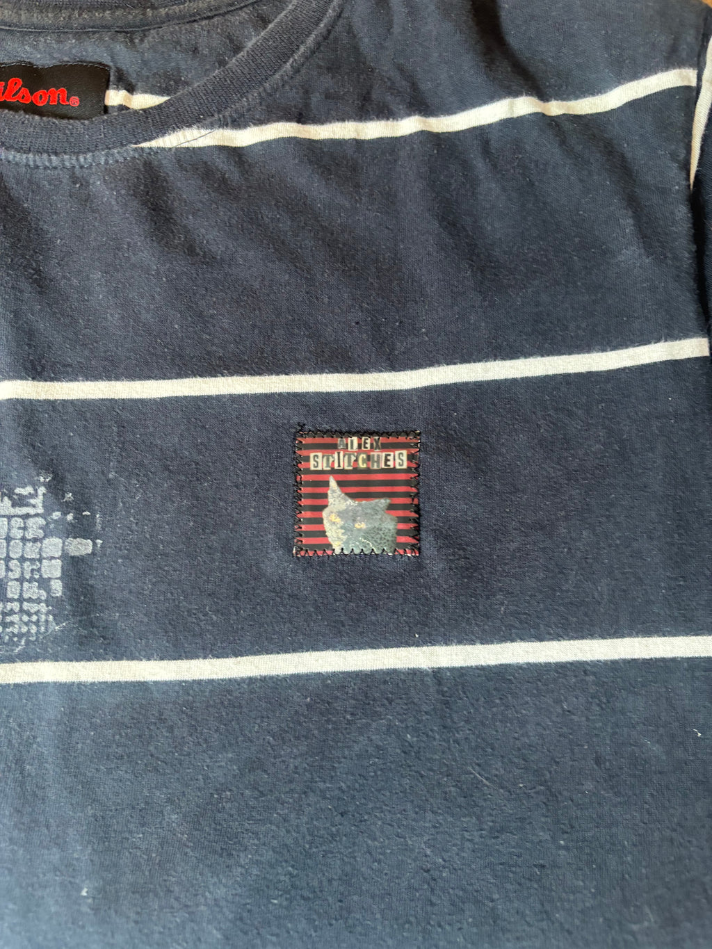 Alternative White and Navy print striped tshirt with skulls