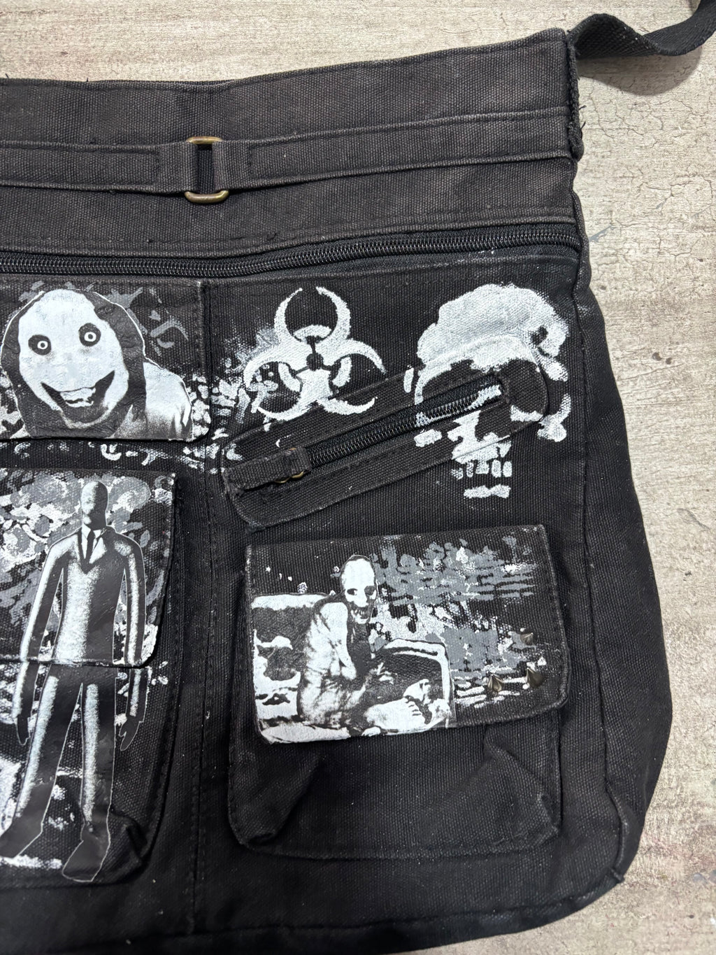 Upcycled creepypasta shoulder side bag print slenderman and Jeff the killer