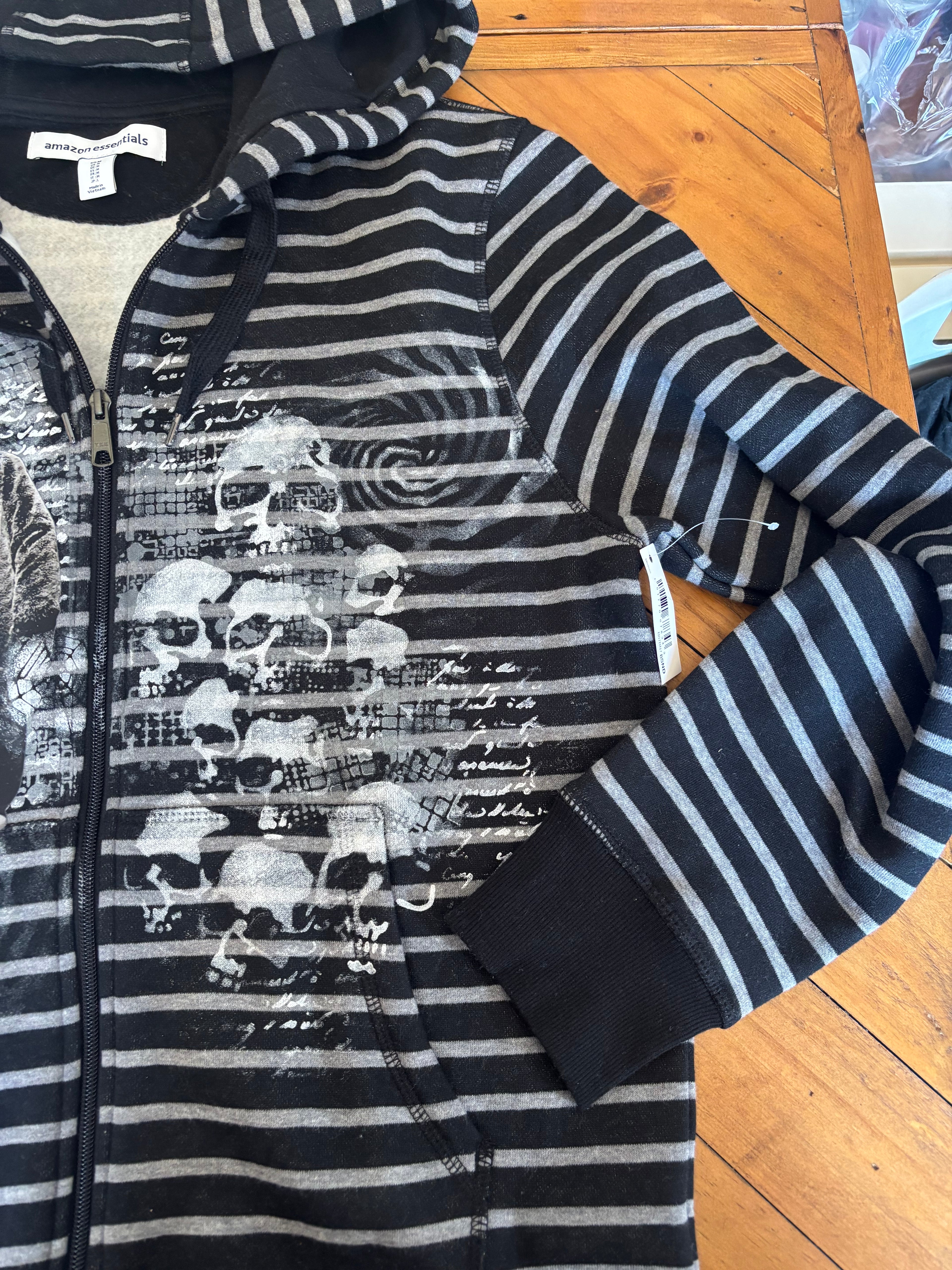 Donnie Darko inspired black and gray zip up hoodie with skulls
