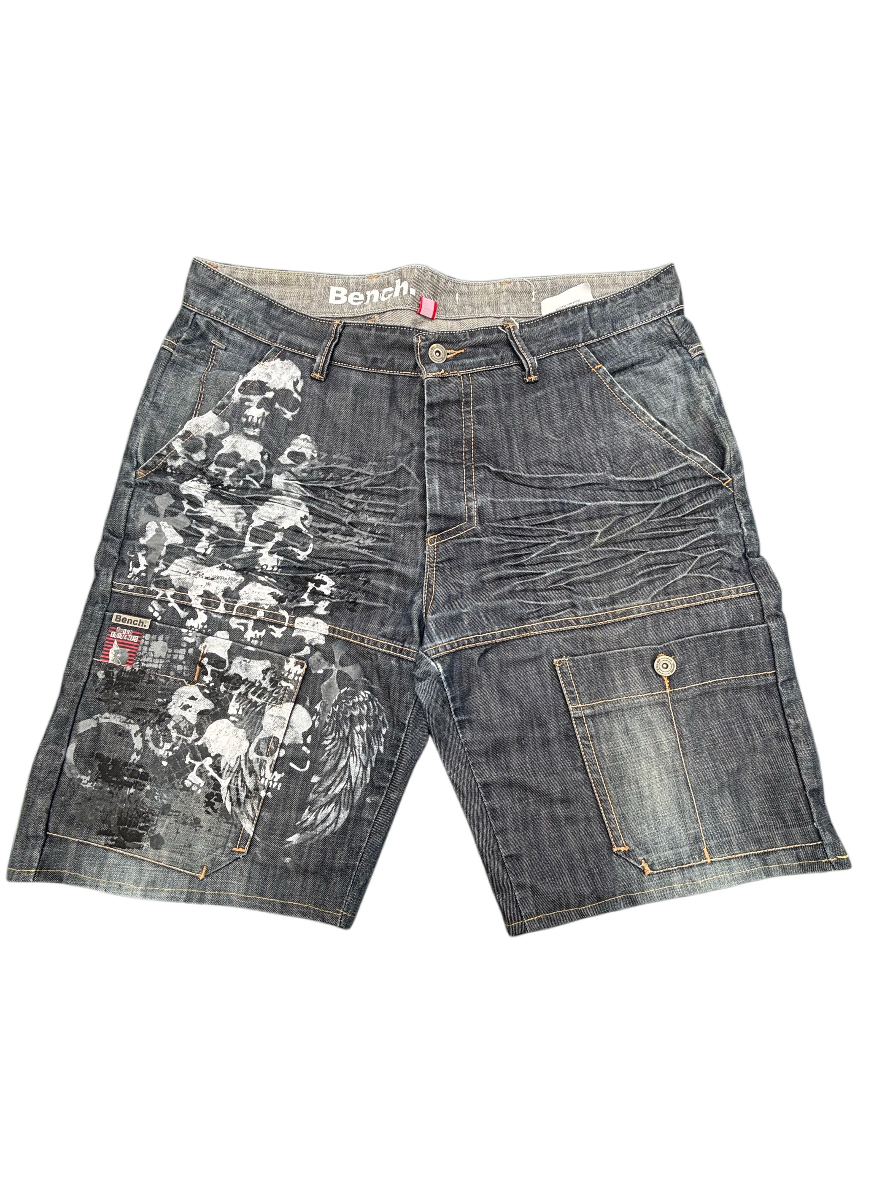 Blue jorts with skull print