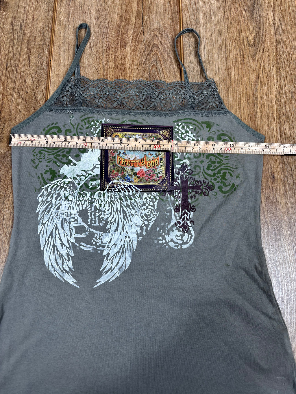 Upcycled pretty odd green tank top with lace