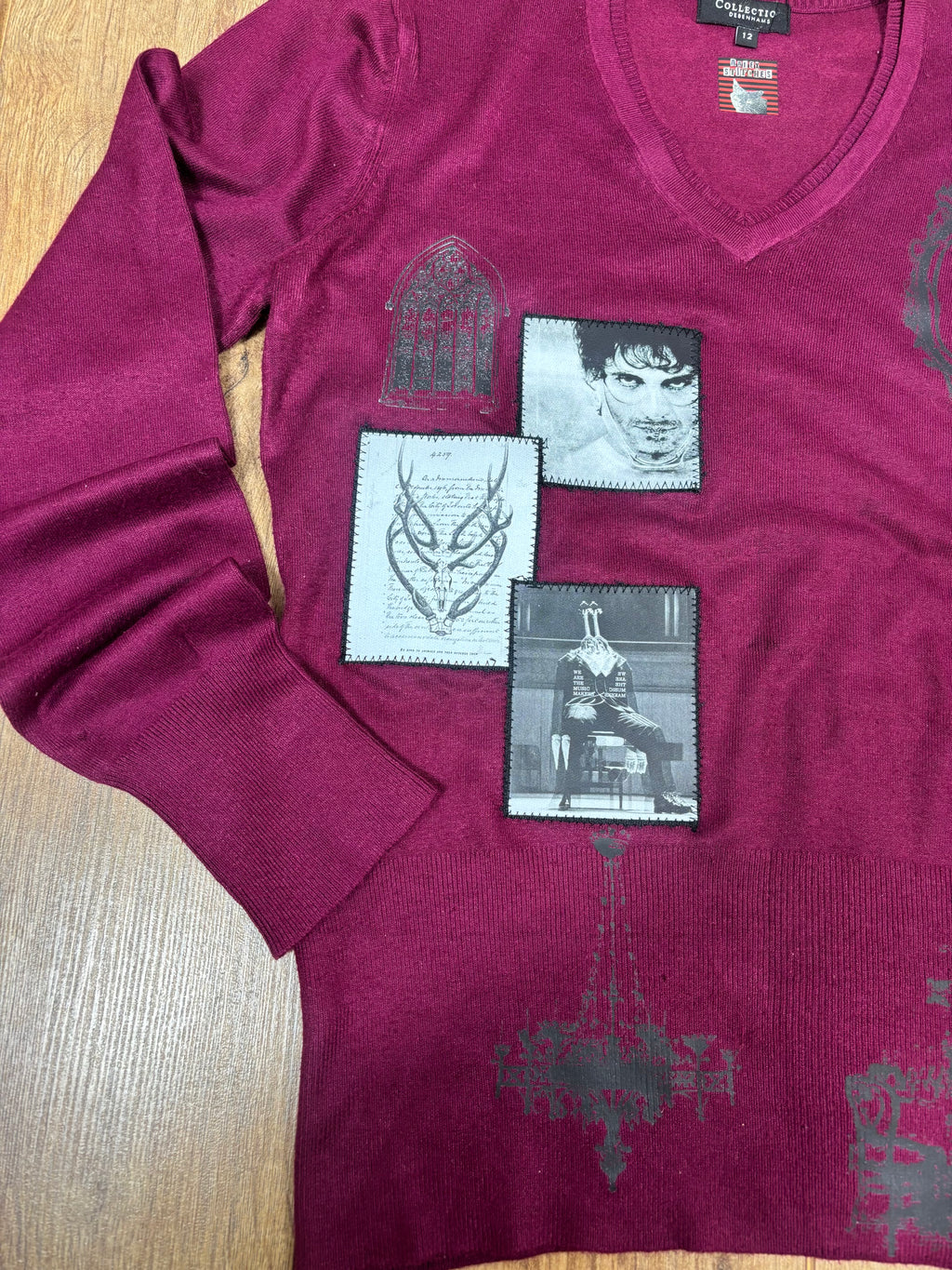 Upcycled royal purple v neck sweater with Hannibal print and patches