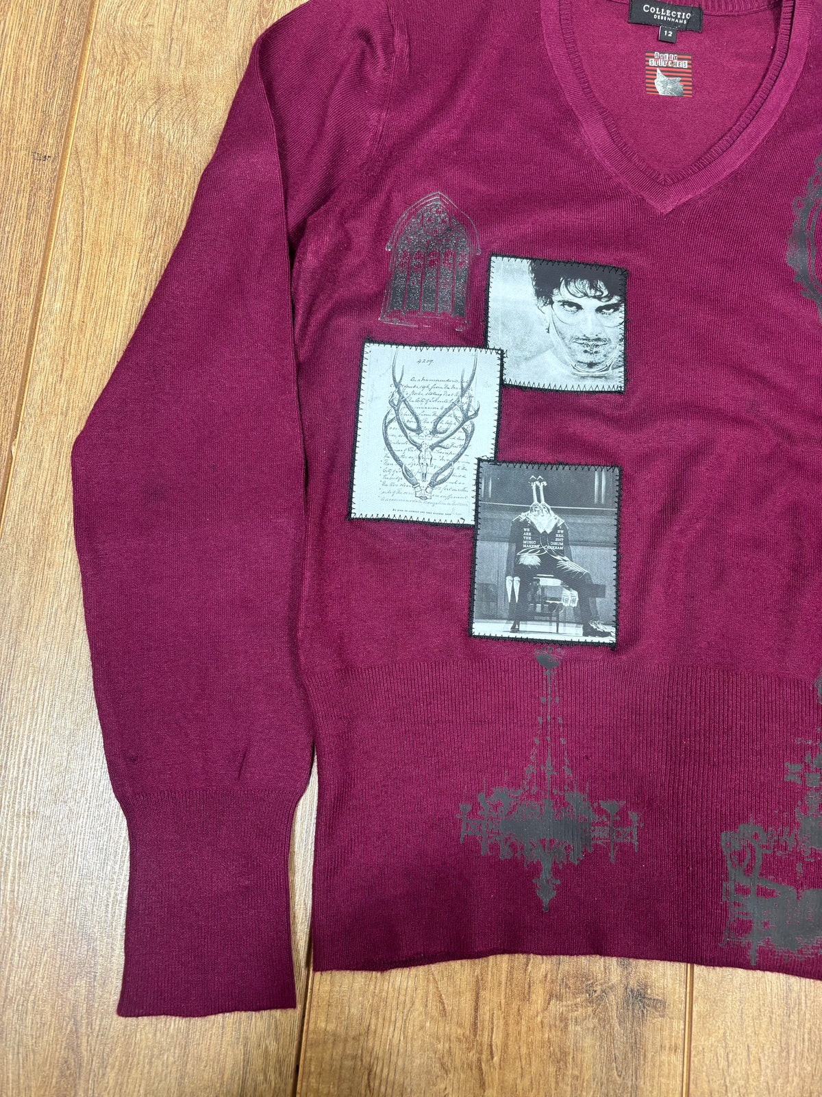 Upcycled royal purple v neck sweater with Hannibal print and patches