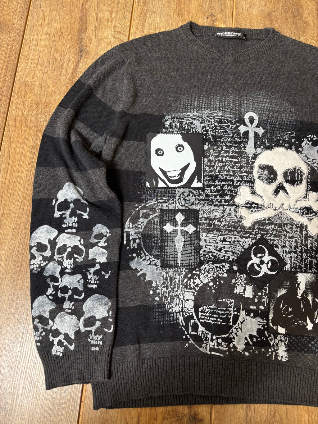 Black and gray striped sweater jumper upcycled with creepypasta patches and skulls