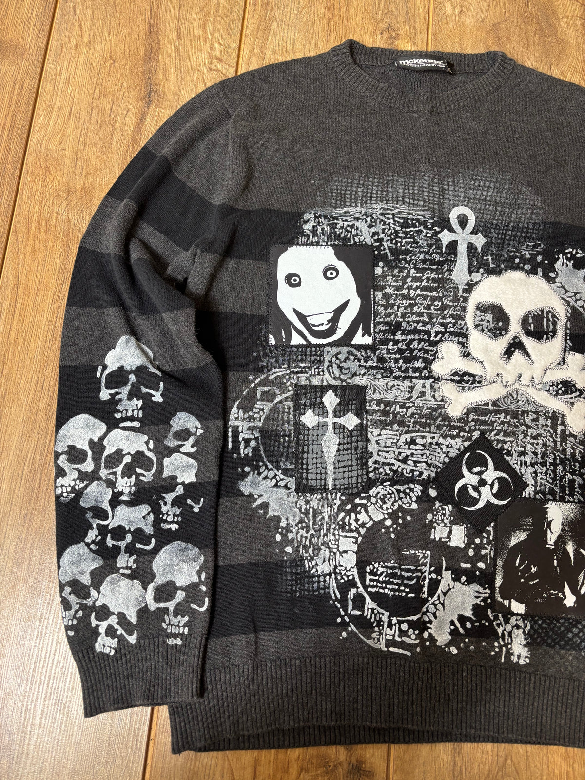 Black and gray striped sweater jumper upcycled with creepypasta patches and skulls