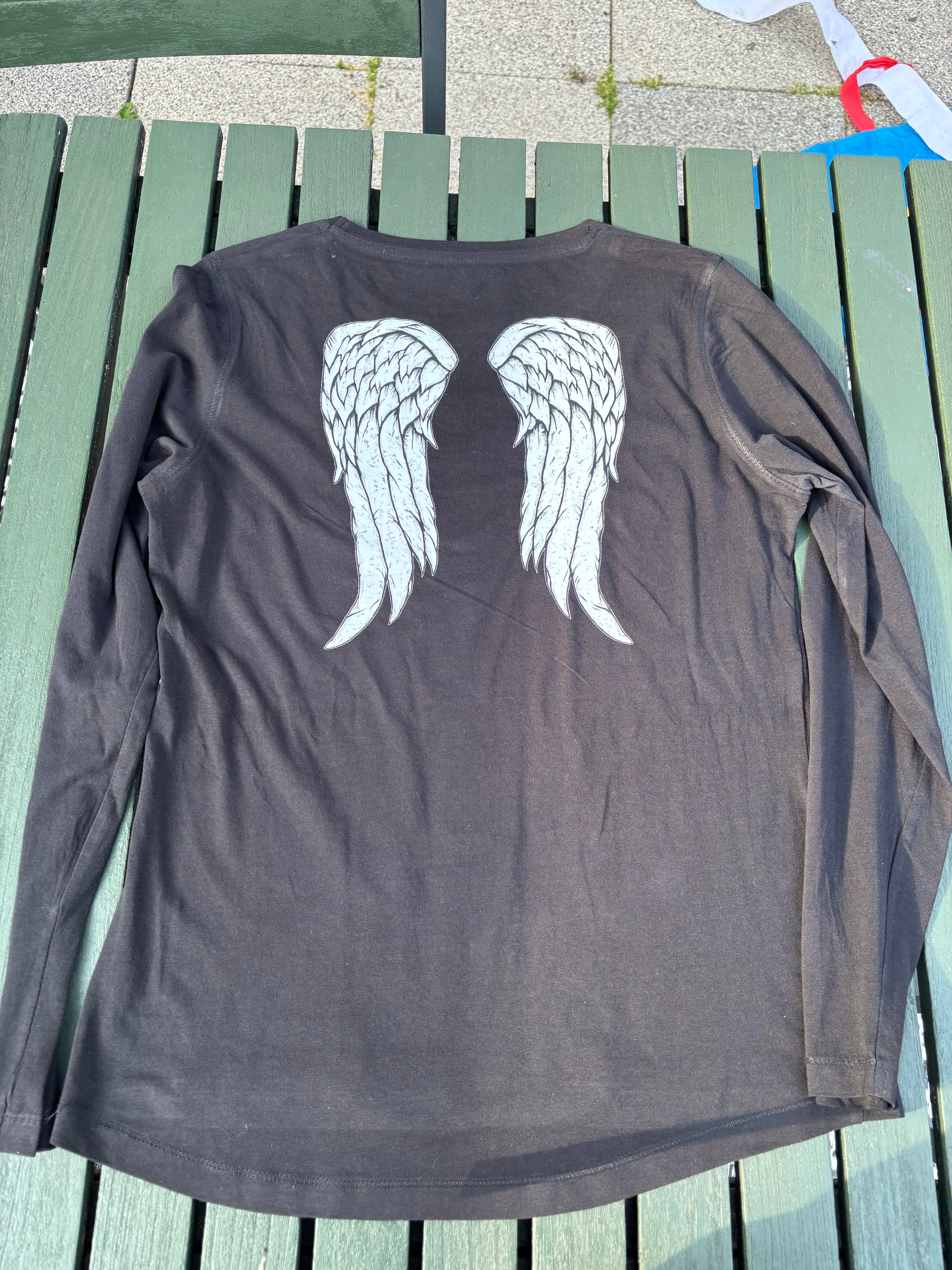 TWD Daryl Dixon inspired upcycled long sleeved black tshirt with wings