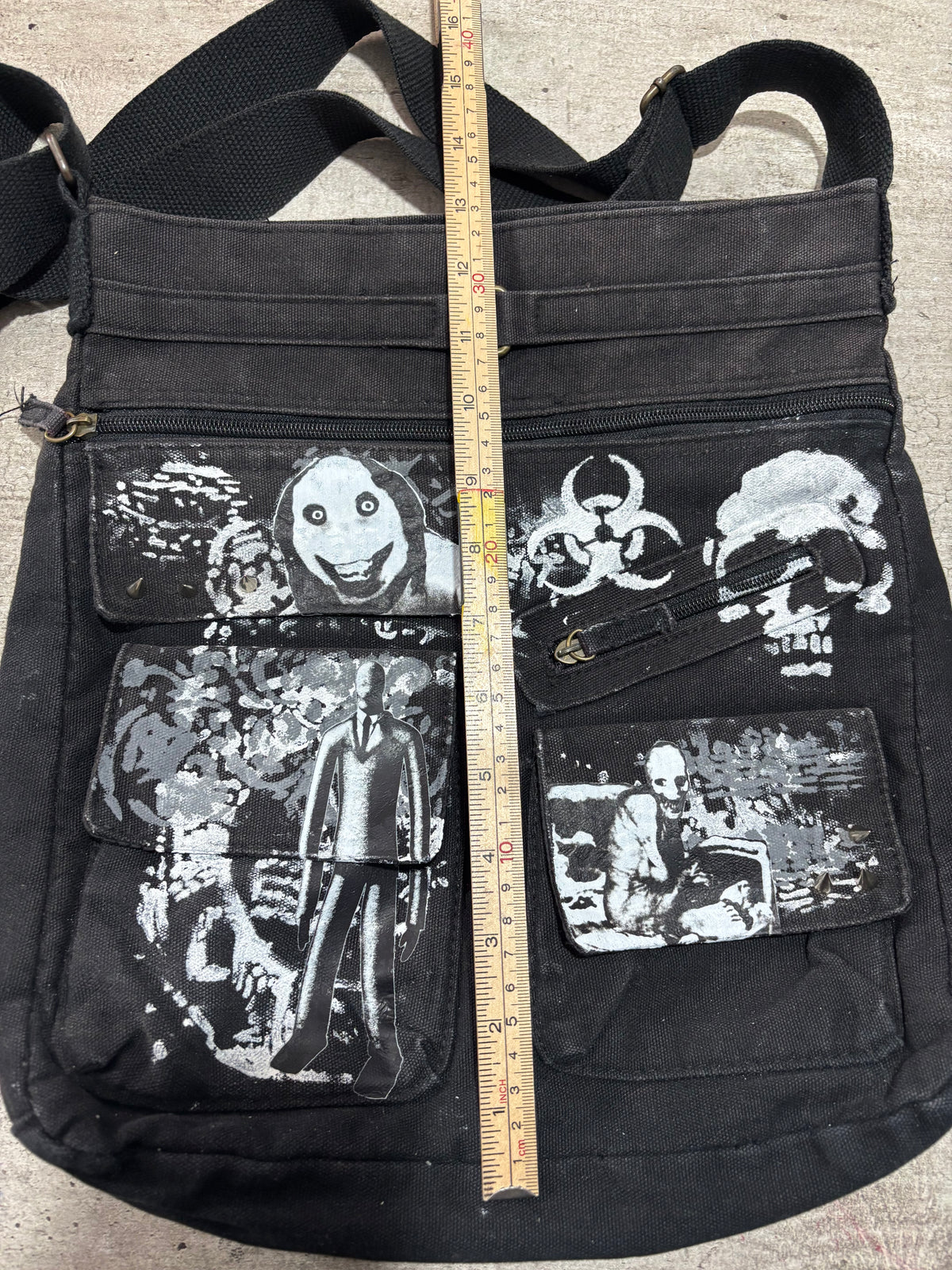 Upcycled creepypasta shoulder side bag print slenderman and Jeff the killer