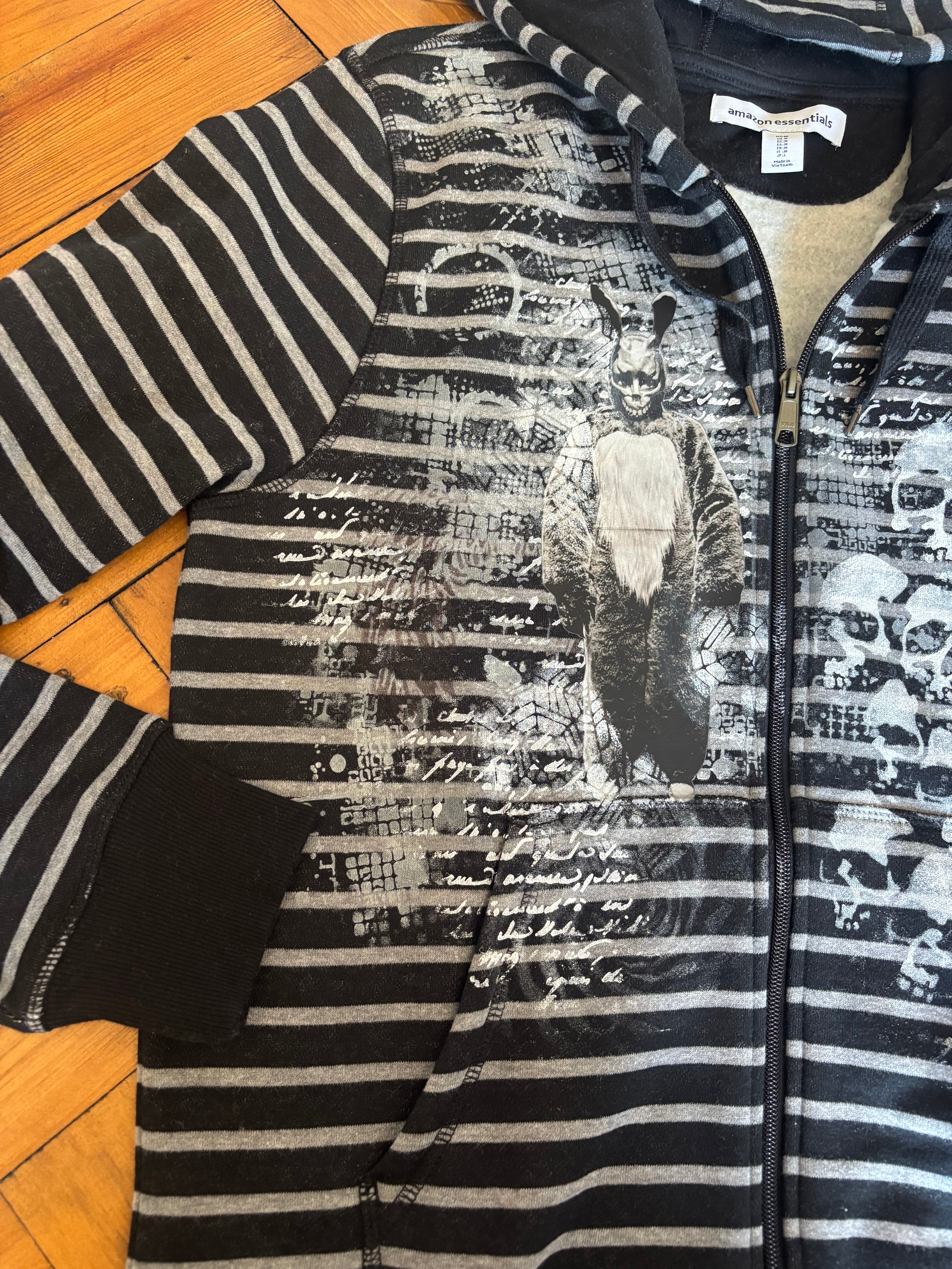 Donnie Darko inspired black and gray zip up hoodie with skulls
