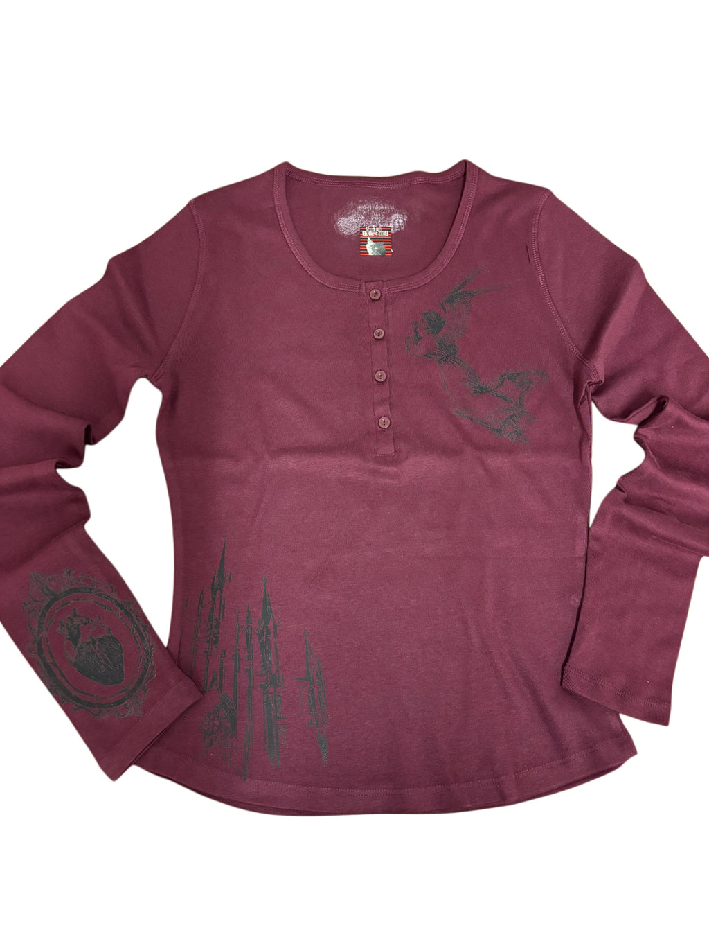 Purple Henley Style Long Sleeve T-shirt Angel Vintage Victorian Print