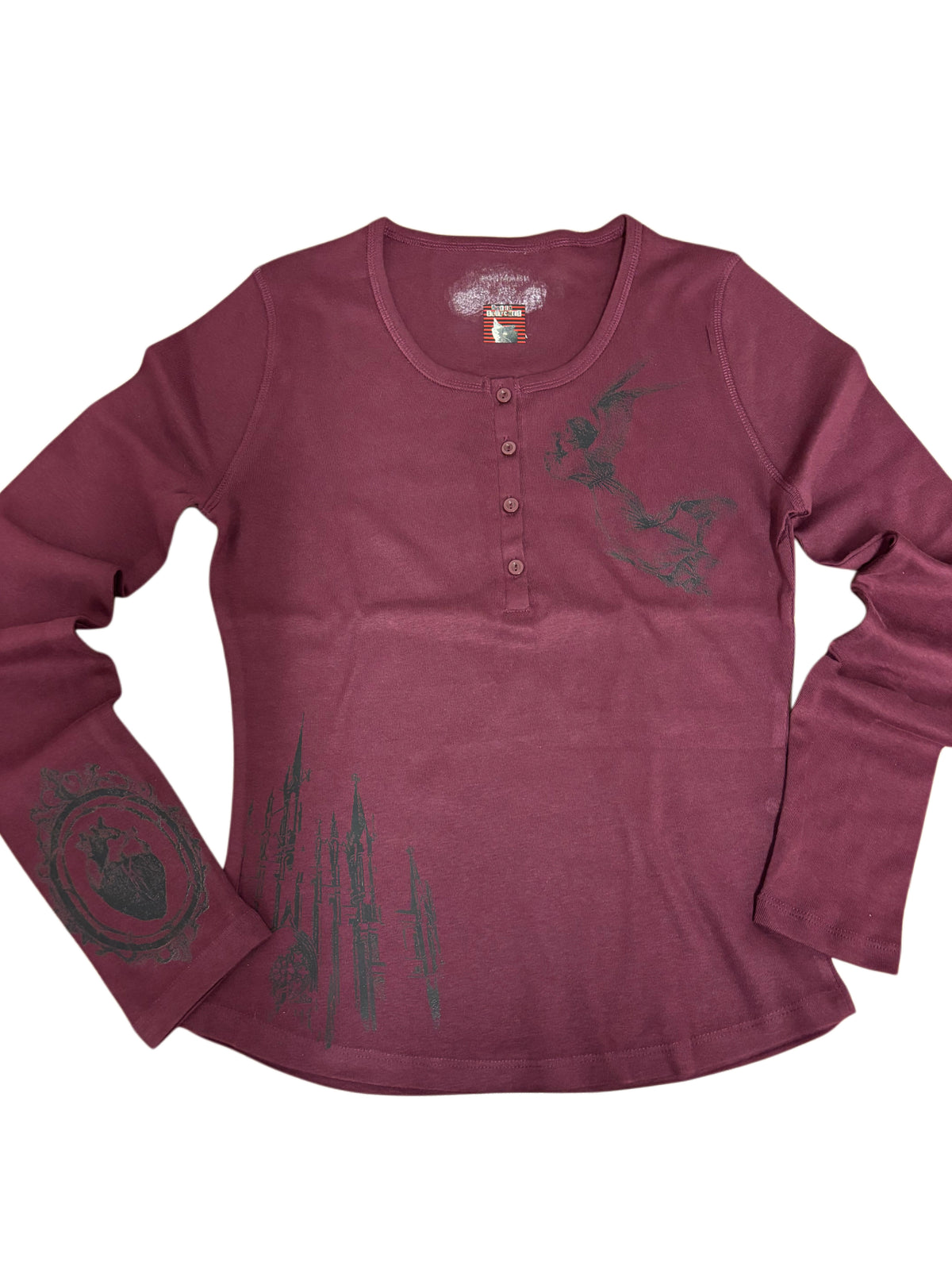 Purple Henley Style Long Sleeve T-shirt Angel Vintage Victorian Print