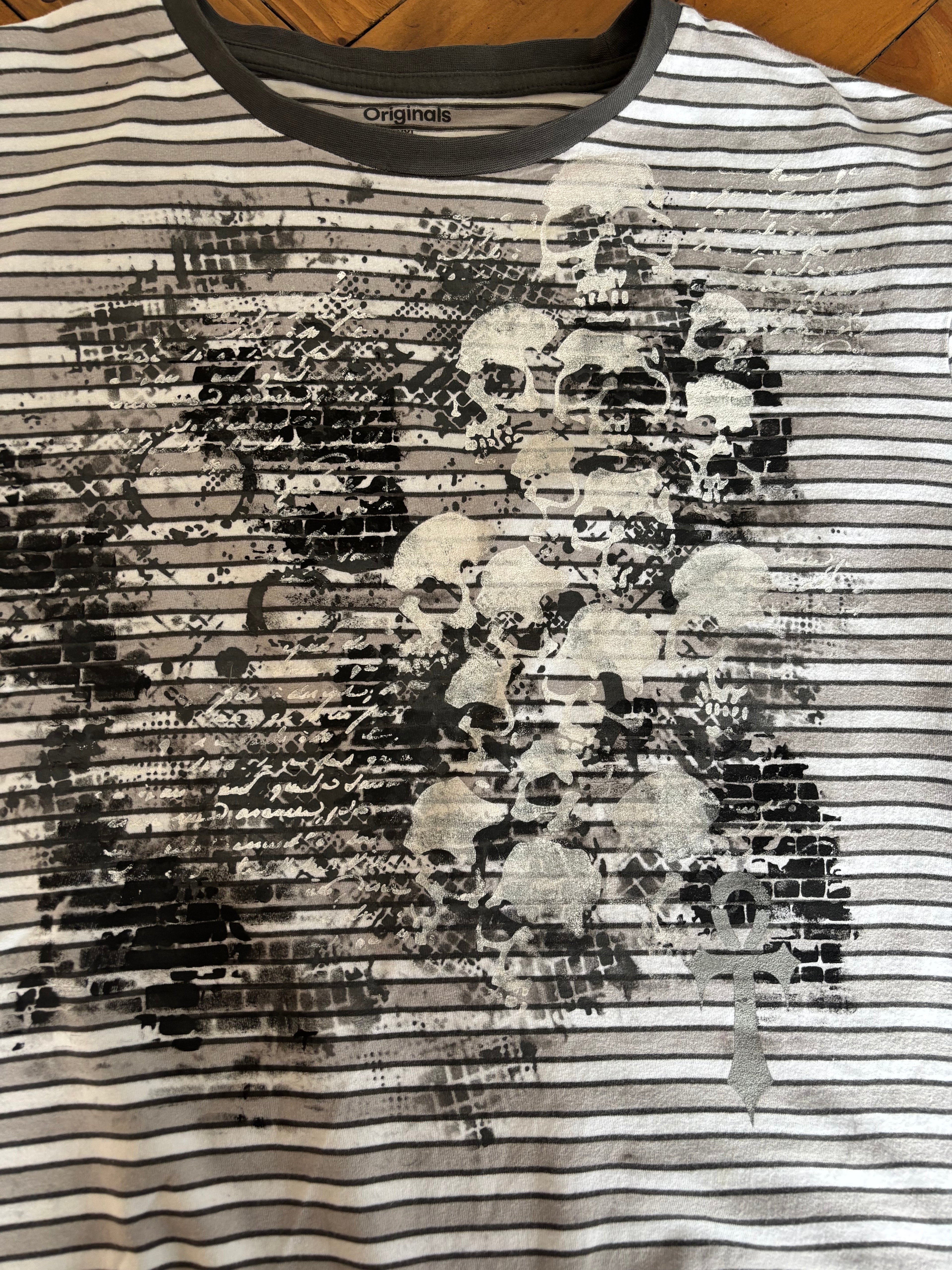 Striped alternative upcycled skull tshirt