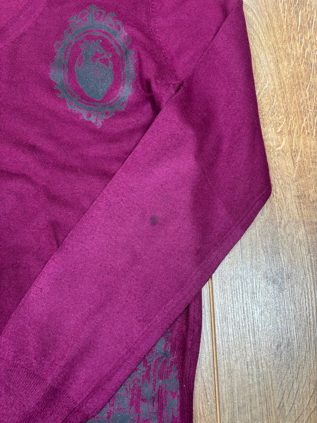 Upcycled royal purple v neck sweater with Hannibal print and patches