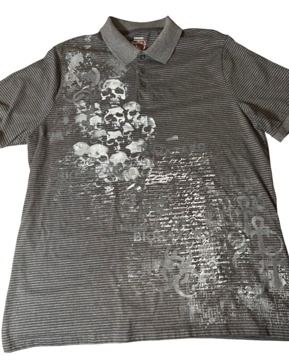 Skater style black and gray striped printed skull polo