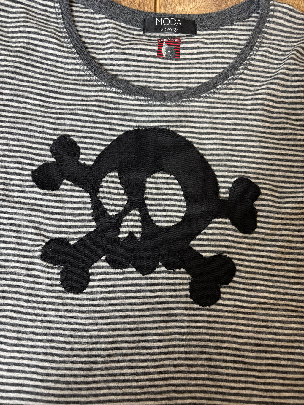 Upcycled alternative gray striped long sleeve with skull patch