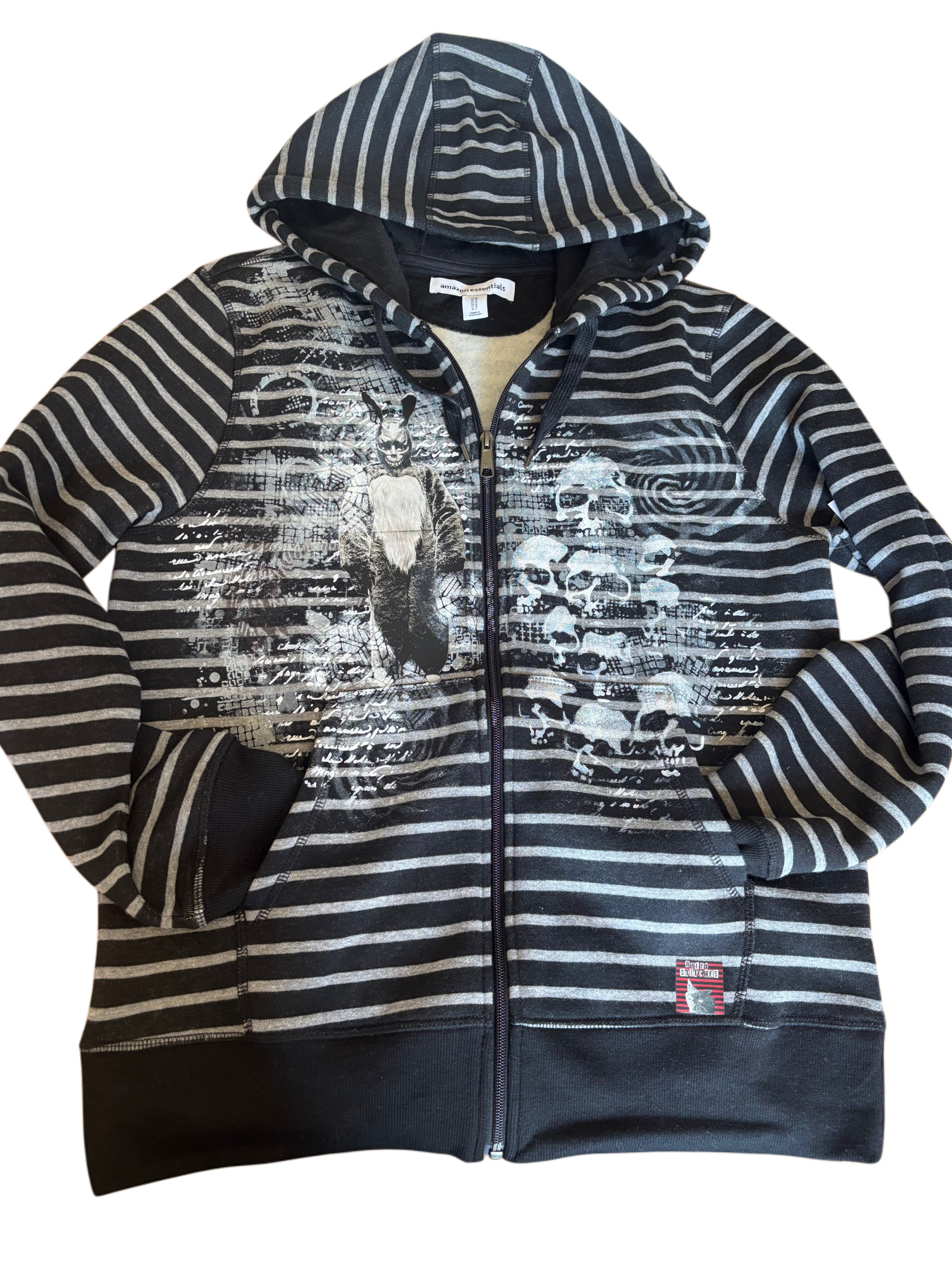 Donnie Darko inspired black and gray zip up hoodie with skulls