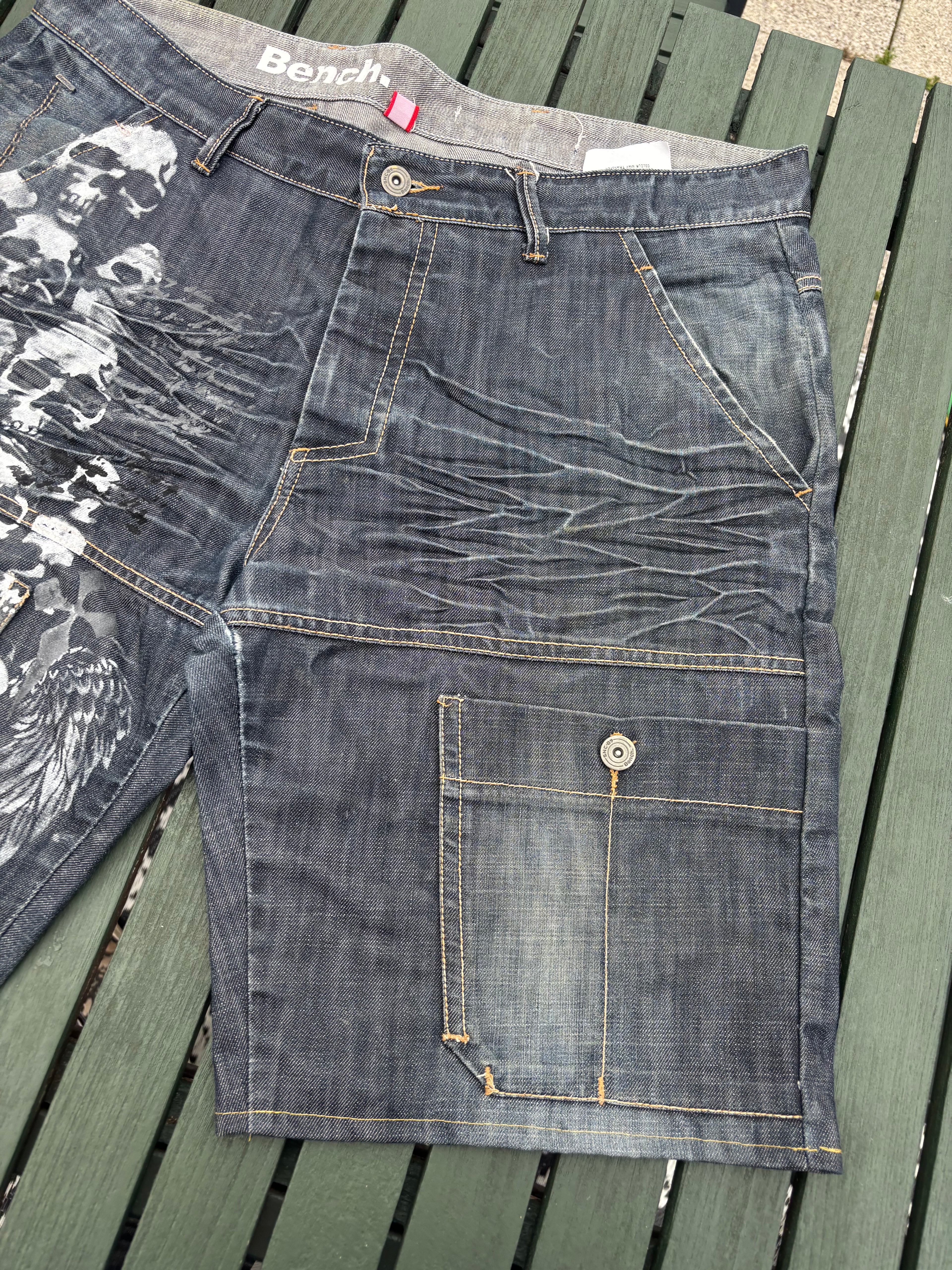 Blue jorts with skull print