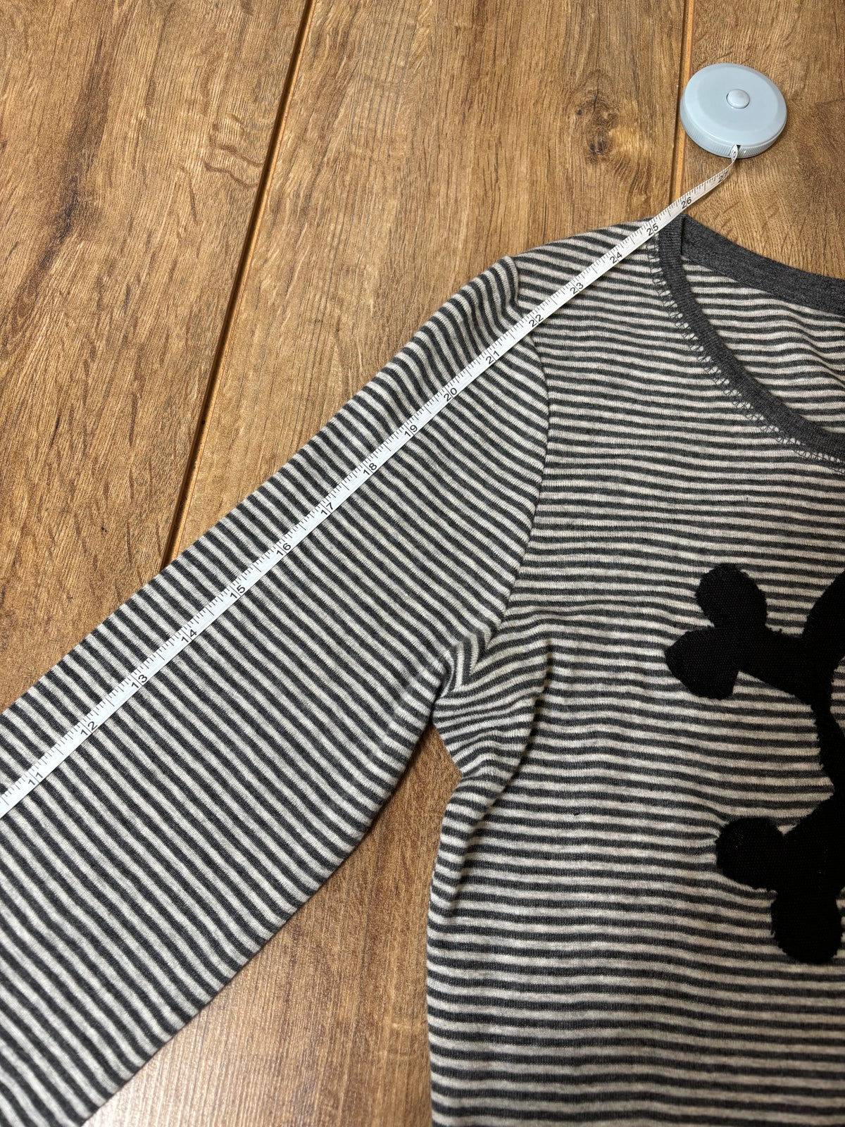 Upcycled alternative gray striped long sleeve with skull patch