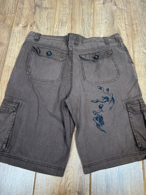 Alternative brown cargo shorts with vintage horror prints