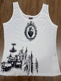 Upcycled white vest top with heart detail and vintage house print