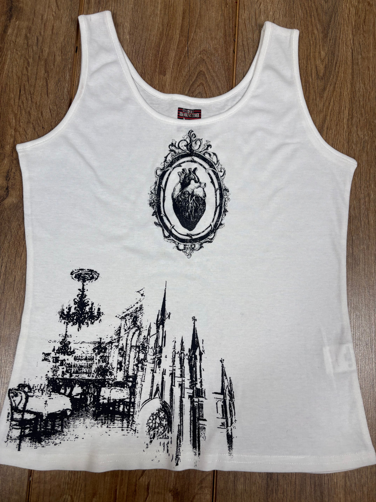 Upcycled white vest top with heart detail and vintage house print