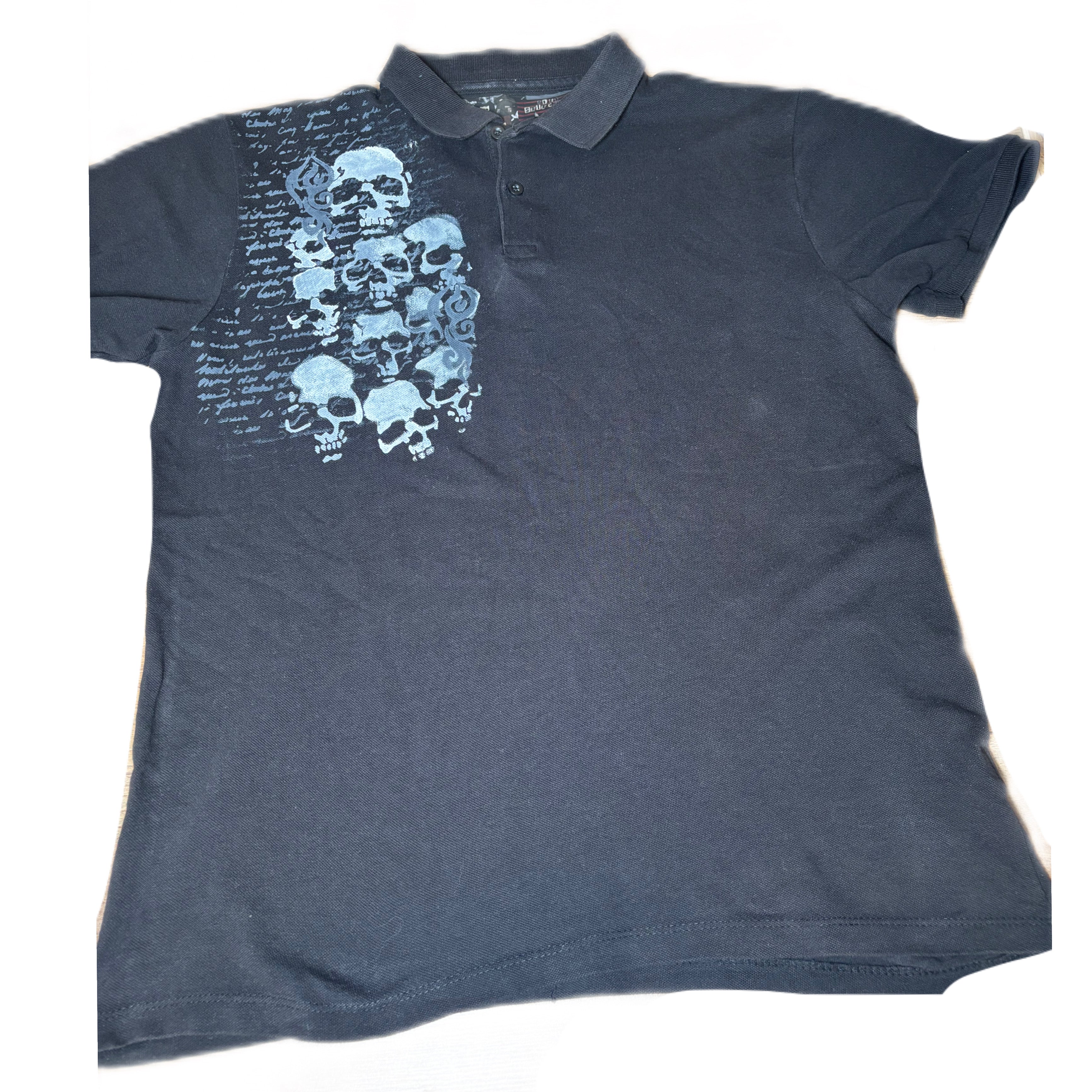 Skater style black and gray printed skull polo