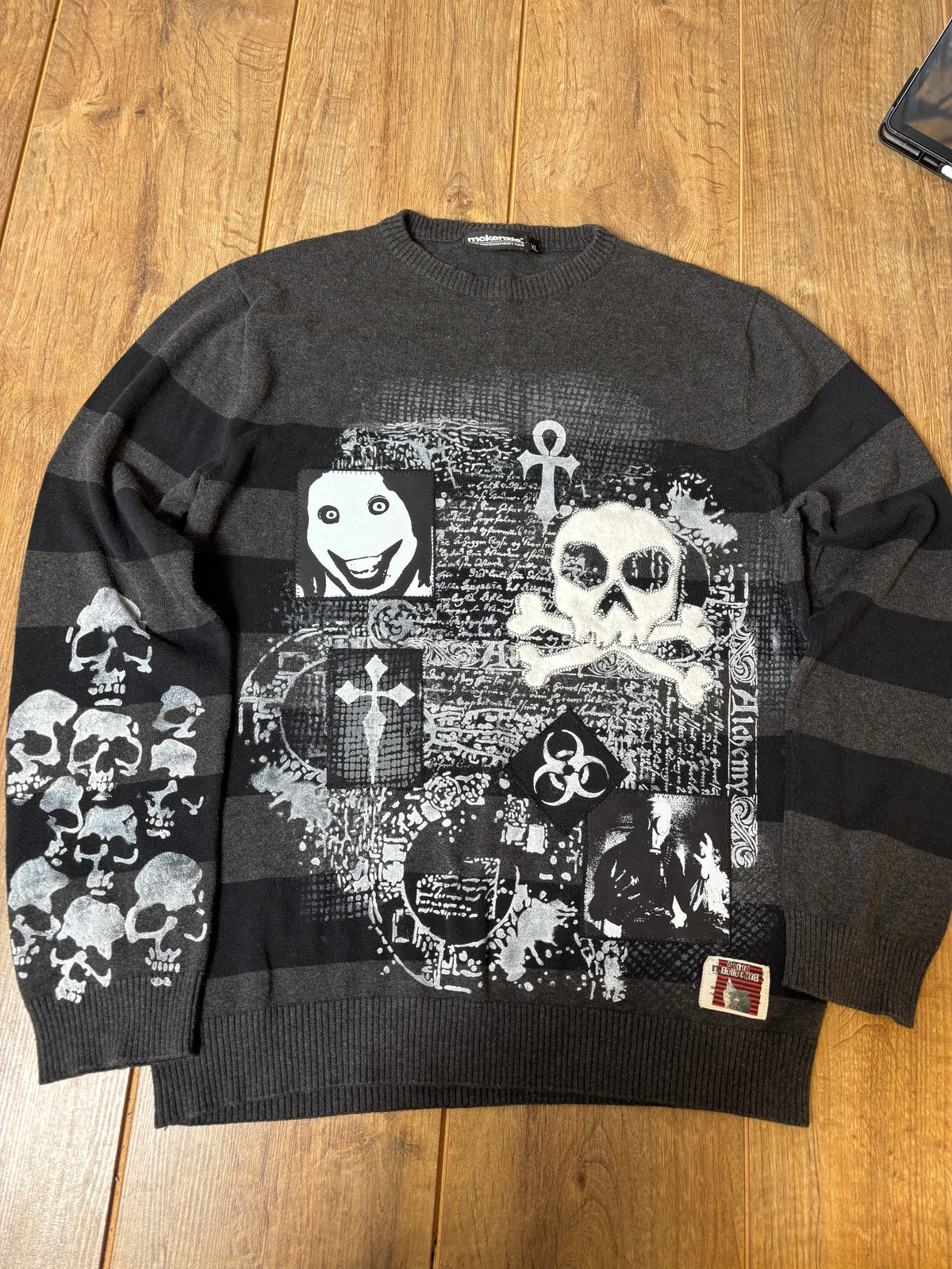 Black and gray striped sweater jumper upcycled with creepypasta patches and skulls