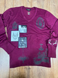 Upcycled royal purple v neck sweater with Hannibal print and patches
