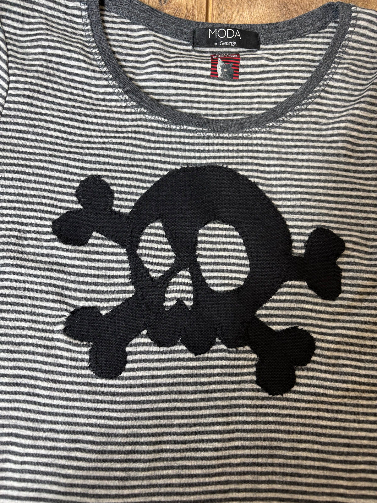Upcycled alternative gray striped long sleeve with skull patch