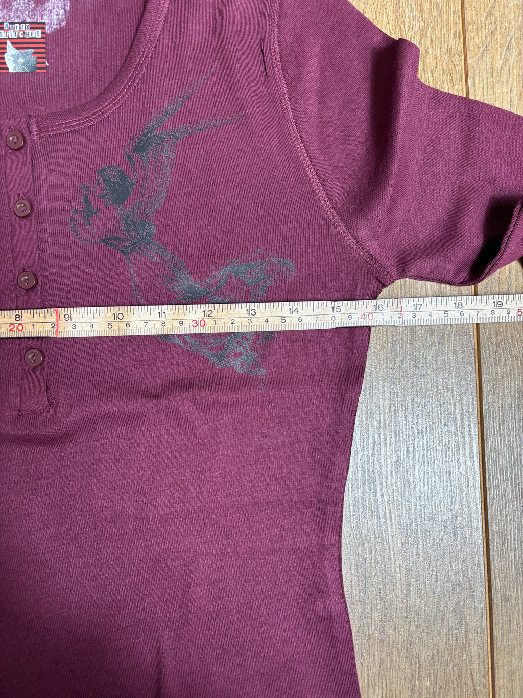 Purple Henley Style Long Sleeve T-shirt Angel Vintage Victorian Print