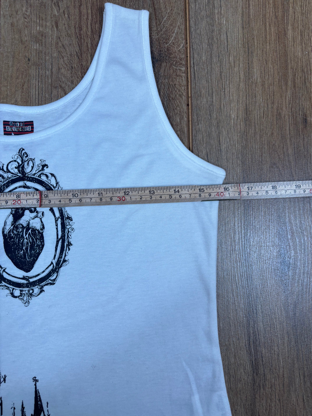 Upcycled white vest top with heart detail and vintage house print