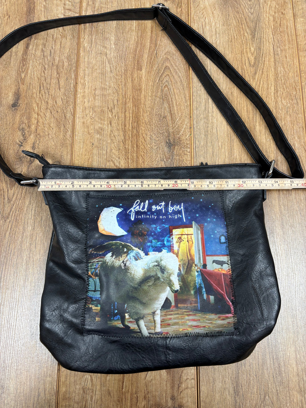 Upcycled fall out boy patch shoulder bag