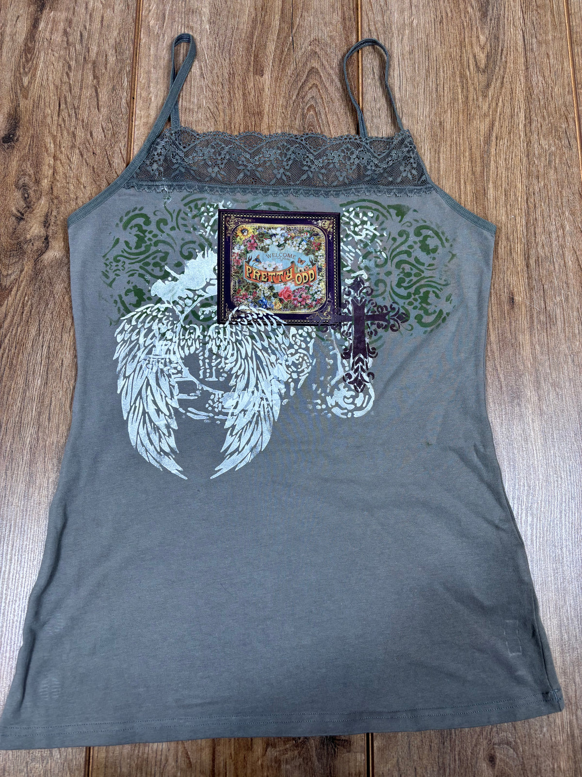 Upcycled pretty odd green tank top with lace