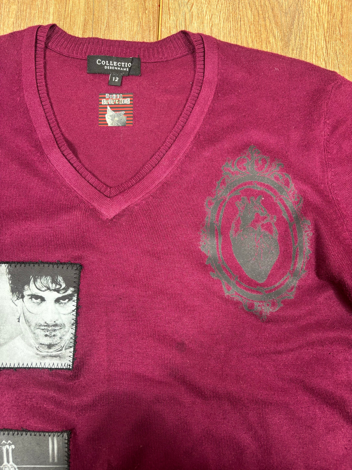 Upcycled royal purple v neck sweater with Hannibal print and patches